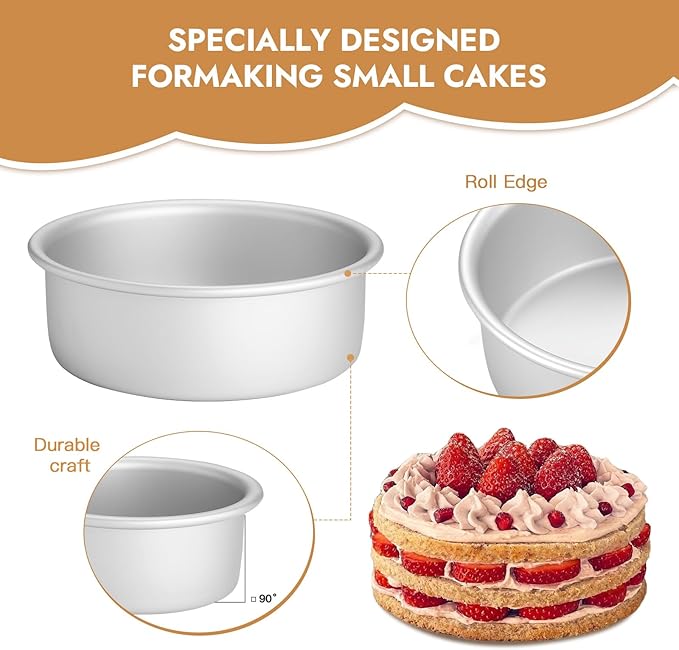 CURTA 8 Inch Round Cake Pan, 8x3 inch 2 Set Anodized Aluminum Round Baking Pan, Small Cake Pan Non-Toxic & Heavy Duty, Deep Side, Easy Clean & Dishwasher Safe