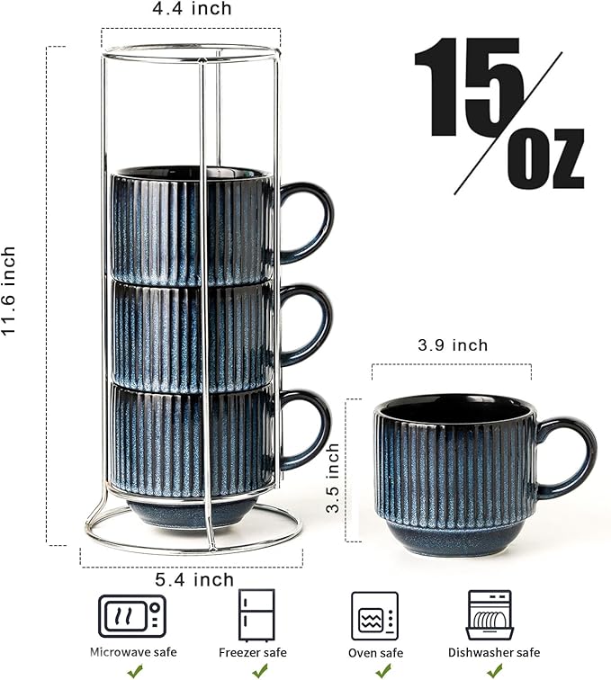 glowworm Coffee Mugs Set of 4, 15 Oz Stackable Coffee Mugs with Rack, Ceramic Cups for Home, Office, Housewarming & Engagement Gifts, Microwave & Dishwasher Safe, Navy Blue
