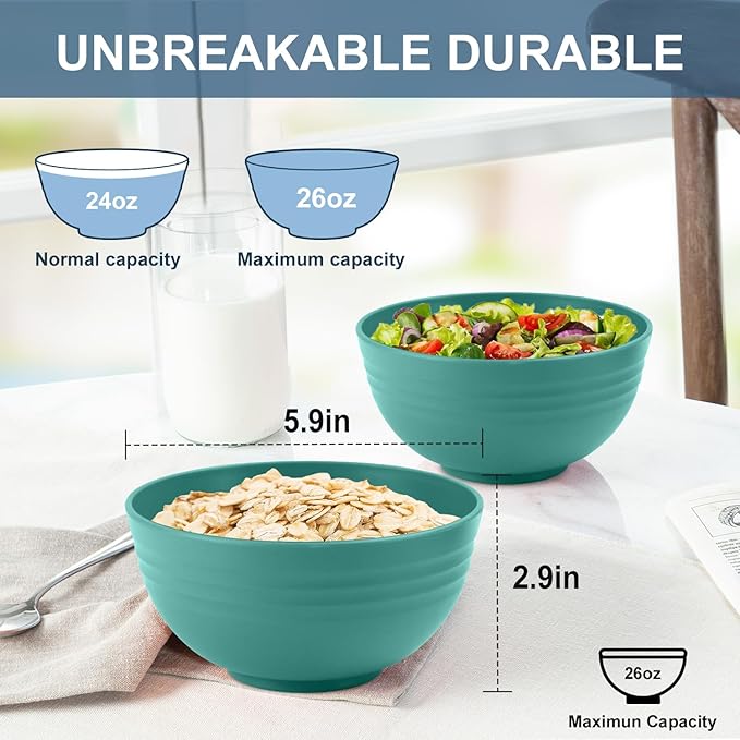 Wheat Straw Bowls Set of 6, Unbreakable Plastic Bowls, Microwave and Dishwasher Safe Serving Bowl for Dinner, Breakfast, Snack, Cereal Bowl for Kitchen, Camping, Outdoor (Green, 26 OZ)