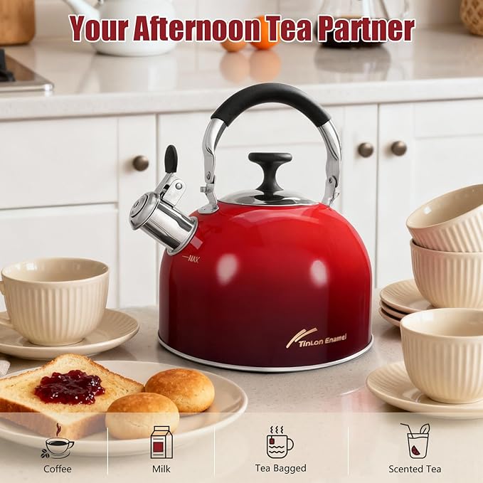 Tea Kettle Stovetop,Stainless Steel Whistling Tea Kettle For Stove Top, 2.5 Qt Tea Pot With Folding Handle, Food Grade Water Teapot Water Kettle For Stove Home Camping Travel,Gradient Red