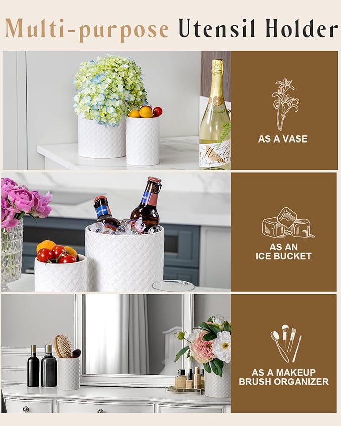 Utensil Holder - 7.2"+5.4" Ceramic Utensil Holder for Kitchen Counter, Large Utensil Crock Flatware Organizer Spatula Holder for Counter, Farmhouse Embossed Vase for Housewarming, Home & Kitchen Decor