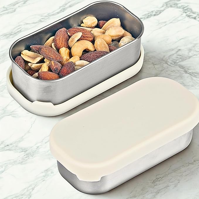 Flexibento - 2 x 6.5 oz | Leak proof | Small Stainless steel Snack Containers with Silicone lids|Dip and condiment containers | Plastic and BPA free | Metal Lunch box | Vanilla (set of 2)