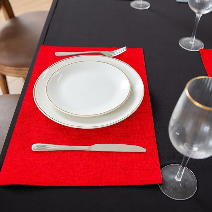 Linen Placemats Set of 8, Machine Washable, Heat Resistant, Wrinkle Free, Thick Polyester Kitchen Place Mats for Dining Table (Red)