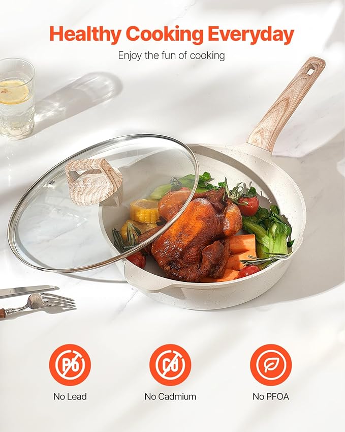 VEVOR 19 Piece Pots and Pans Set Nonstick, Granite Cookware Set, Induction Cookwares, Kitchen RV Cooking Sets with Frying, Sauce, Saute, Tempered Glass Lids, and Pan Protectors, White