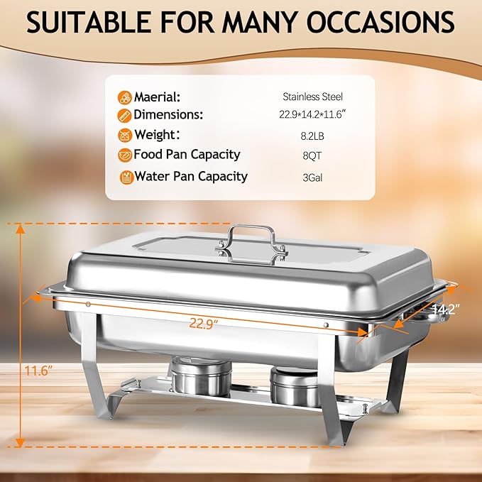 Chafing Dish Buffet Set, 8 Qt 1 Pack, Stainless Steel Rectangle Catering Warmer Server for Parties, Dinners, Catering, Buffet and Weddings