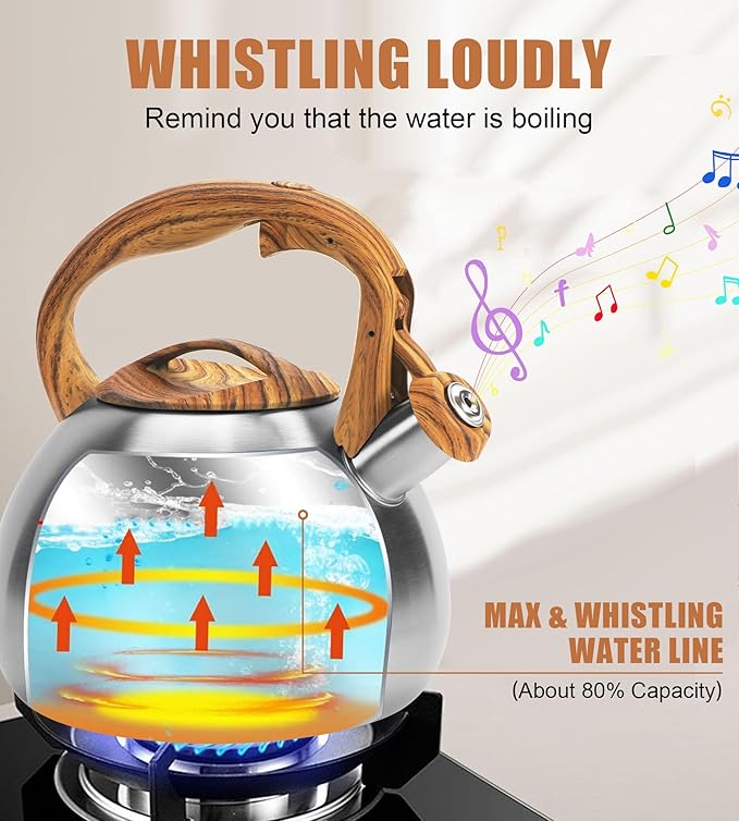 Classic Stainless Steel Whistling Kettle 3.2 Quart - Brushed Metal Finish with Wooden Handle, Stovetop Water Boiler for Home & Kitchen, Loud Alert Whistle & Drip-Free Spout (Silver)