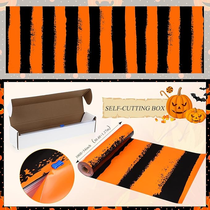 Tudomro 100Ft Halloween Scary Carnival Tablecloth Roll Black & Orange Table Cloths Stripe Disposable PE Table Cover for Horror Party Decorations Halloween Party Decor Supplies