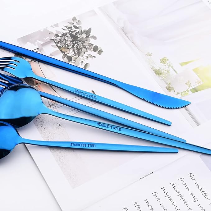 24Pcs Blue Mirror Silverware Flatware Set, 18/0 Stainless Steel Cutlery Set Utensils Kitchen Dinnerware Include Knife Fork Spoon and Teaspoon, Service for 4