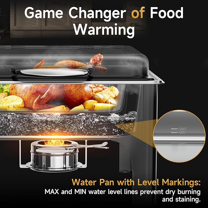 Chafing Dishes for Buffet, 6QT Square Stainless Steel Chafing Dish with Transparent Hydraulic Lid, 304 Food Pan, Buffet Warmer for Parties and Events (Black)