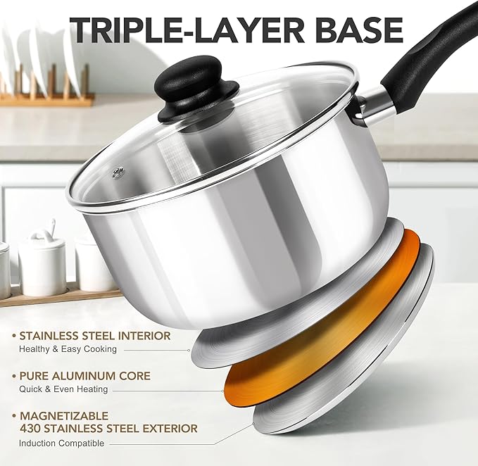 MICHELANGELO Stainless Steel Saucepan with Lid 6pcs, Triply Base Stainless Steel Pot Set, Saucepan Set with Bakelite Handle - 1QT & 2QT & 3QT