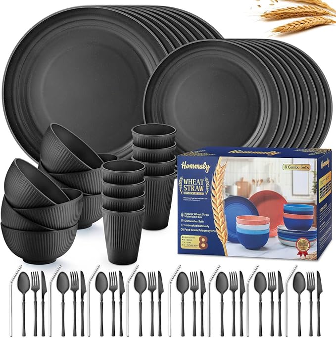 Wheat Straw Dinnerware Sets,64-Piece Black Plates and Bowls Sets for 8-Unbreakable,Reusable Plastic Dish Set-Dinner Plate/Dessert Plate/Cereal Bowl/Cup/Utensils-Microwavable Dishwasher Safe 64P-BLACK