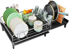 SNTD Dish Drying Rack - Expandable Dish Rack for Kitchen Counter, Large Dish Drainer with Pan Holder, Dish Strainer with Drainboard Cup Holder and Utensil Holder, Black