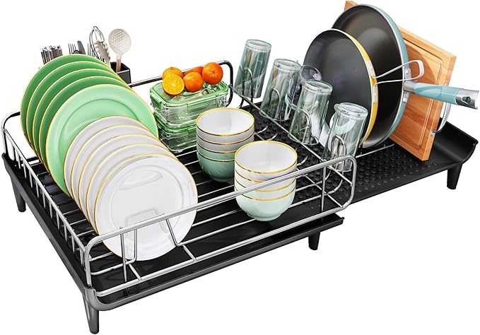 SNTD Dish Drying Rack - Expandable Dish Rack for Kitchen Counter, Large Dish Drainer with Pan Holder, Dish Strainer with Drainboard Cup Holder and Utensil Holder, Black