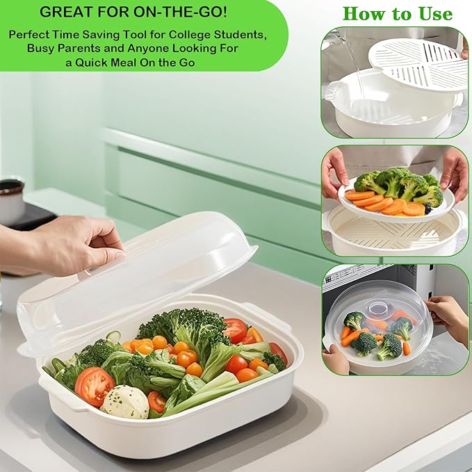 Microwave Steamer for Vegetables, Plastic Microwave Vegetable Steamer with Lid for Vegetables Prep Seafood Fish Cooking, White-Rectangle, 10.6Inch