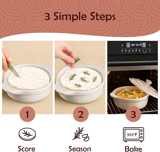 Muldale Brie Baker with Lid and Spreader - Camembert Baker Crock in White - Free from Lead Ceramic Baking Dish - 5.5” - Fits Standard Camembert Wheel