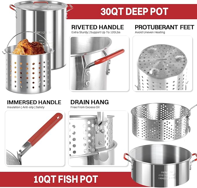 30QT & 10QT Outdoor Fryer | Turkey Fryer | Seafood Boil Pot | Cover & Skimmer Included | 50,000BTU Propane Burner | Aluminum Deep Fryer Pot with Basket | Crab, Seafood & Crawfish Boiler