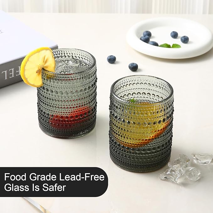 Vintage Glassware Drinking Glasses Set of 6,12 oz Hobnail Glass Cups,Embossed Grey Water Tumbler,for Beer,Cocktail,Whiskey,Juice and Various Mixed Drinks- 1 Cleaning Brush