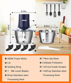 Food Processors with 2 Bowls, 400 W Meat Grinder, Food Chopper Electric, 2 Speed, 2 Pcs 8 Cup 304 Stainless Steel Bowls, 2 Blade and Spatula (Blue 2)