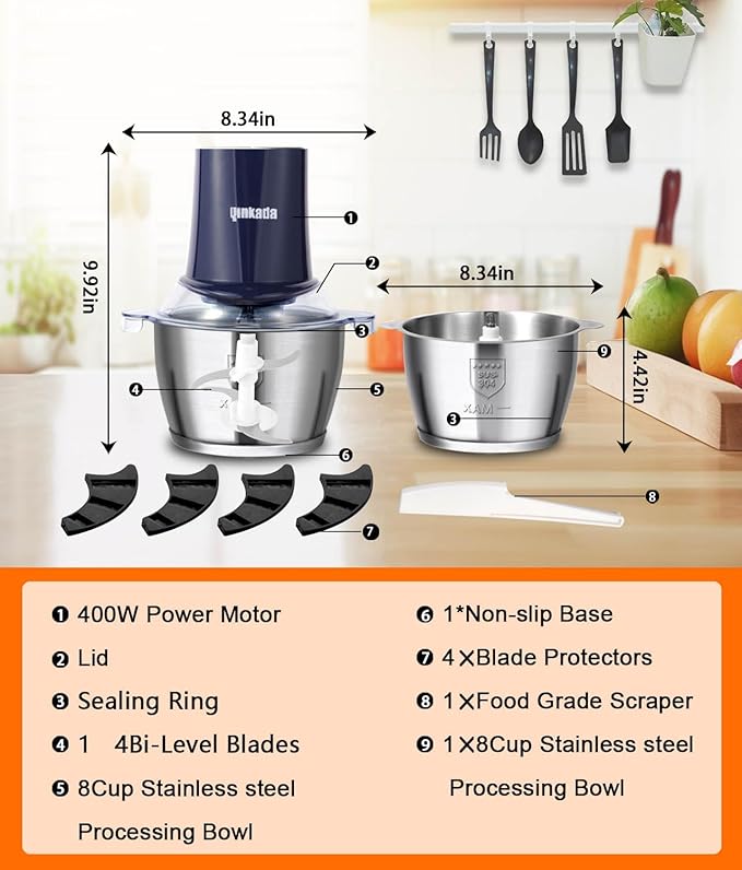 Food Processors with 2 Bowls, 400 W Meat Grinder, Food Chopper Electric, 2 Speed, 2 Pcs 8 Cup 304 Stainless Steel Bowls, 2 Blade and Spatula (Blue 2)