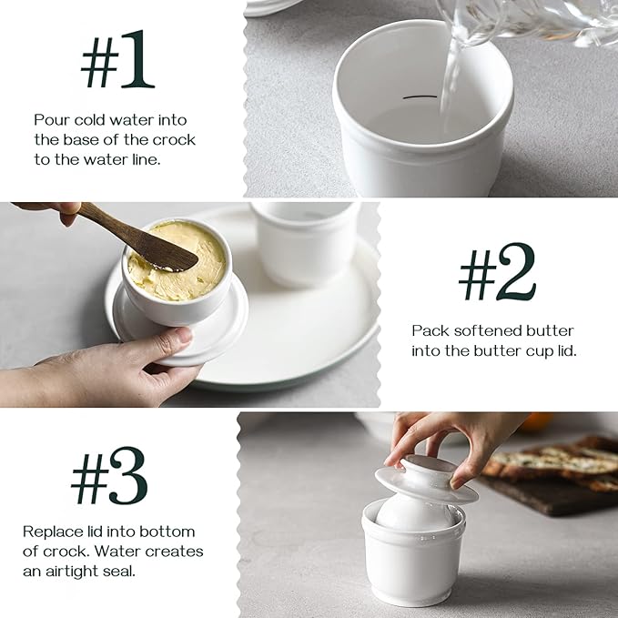 DOWAN Porcelain Butter Crock, French Butter Dish for Fresh Spreadable Butter, Butter Keeper with Water Line, No More Hard Butter, Housewarming Gift for Butter Lovers, White