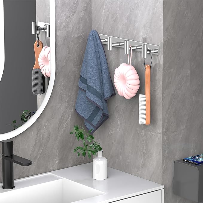 Wall Mounted Coat Rack-4 Hooks, Heavy Duty Stainless Steel Hook Rail for Towel Coat Hat Purse Bag Jacket, Towel Hooks for Entryway Bathroom Kitchen (Silvery 4 Hooks - 1 Pack)