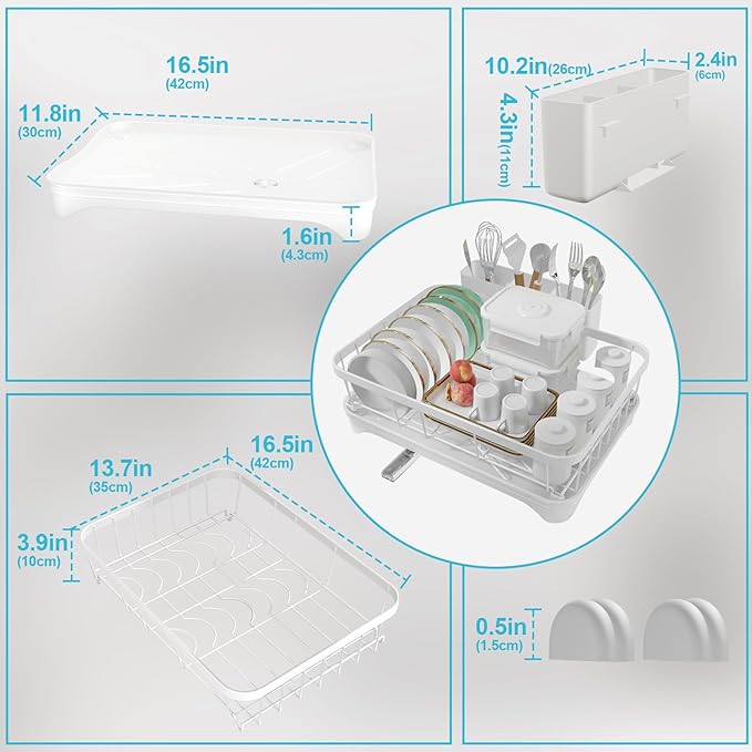 Dish Drying Rack - Space Saving Dish Rack with Drainboard,Single Layer with Utensil Holder - Large Capacity Countertop Organizer for Bowls, Cups, Dish Drainer White