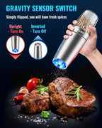 Gravity Electric Pepper and Salt Grinder Set, Salt and Pepper Mill & Adjustable Coarseness, Battery Powered with LED Light, One Hand Automatic Operation, (Set/Silver)