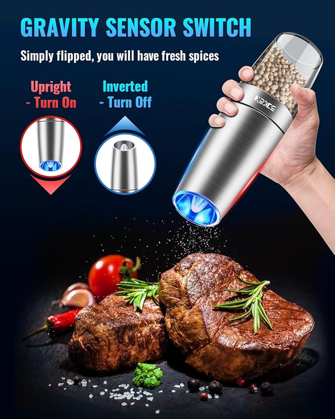 Gravity Electric Pepper and Salt Grinder Set, Salt and Pepper Mill & Adjustable Coarseness, Battery Powered with LED Light, One Hand Automatic Operation, (Set/Silver)