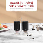 Black Salt and Pepper Shakers with Holder - Elegant Stainless Steel Salt Shaker and Pepper Shaker Set with Acrylic Holder for Kitchen Counter or Restaurant Table