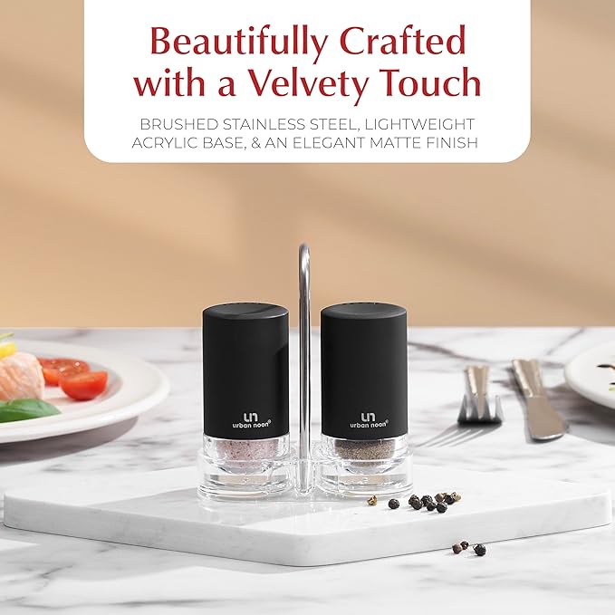 Black Salt and Pepper Shakers with Holder - Elegant Stainless Steel Salt Shaker and Pepper Shaker Set with Acrylic Holder for Kitchen Counter or Restaurant Table