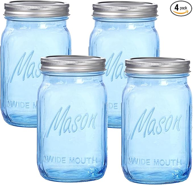 WELLIFE Wide Mouth Mason Jars,4 Pack Blue Mason Jars 32 OZ,Mason Jar for Decor Canning & DIY Crafts,Food Storage,Fermenting,Pickling,Meal Prep