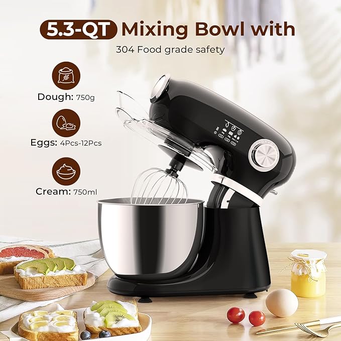 Stand Mixer With 12 Speed,5.3 Quart Electric Mixer With Tilt Head, Kitchen Mixer for Daily Use with Egg Whisk,Dough Hook,Flat Beater,BLACK