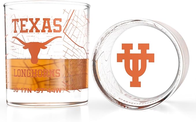 Greenline Goods – University of Texas Longhorns College Whiskey Glasses (Set of 2), 10 oz – Full-Color Logo + Campus Map