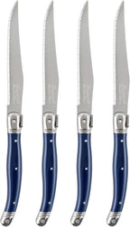 French Home Laguiole 4-Piece Steak Knife Set – Sophisticated Stainless Steel Dinner Knives with Navy Blue Handles & Iconic Bee Emblem – Serrated Knives for Smooth Cutting (9.25")