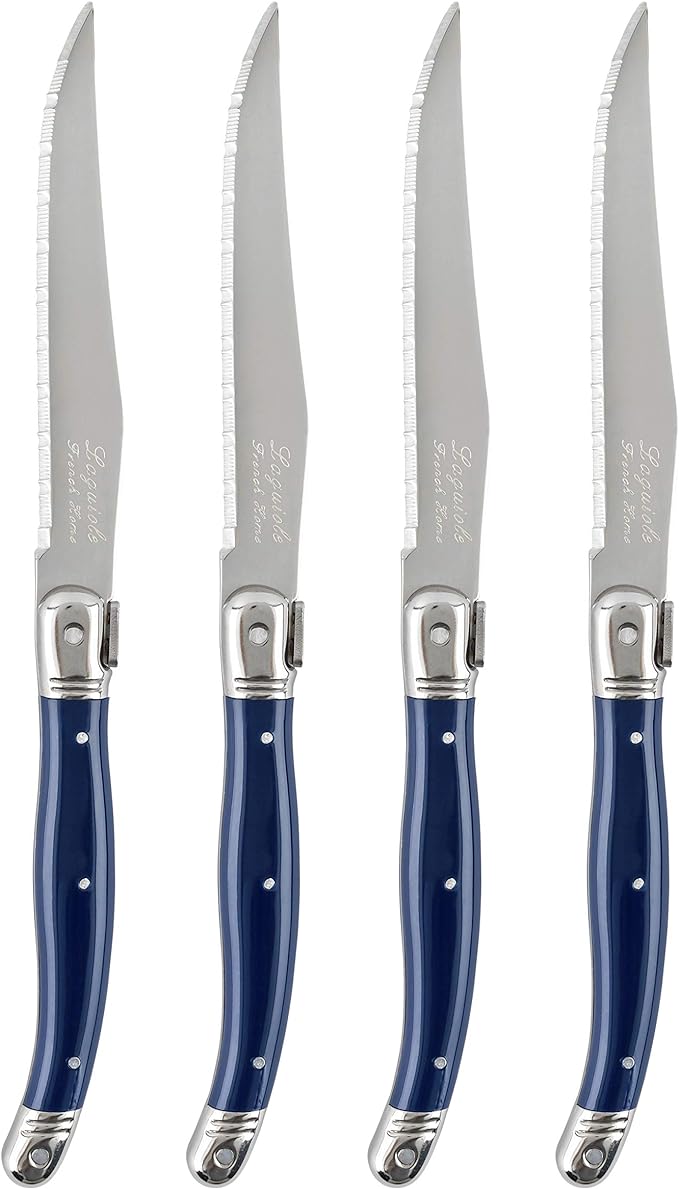 French Home Laguiole 4-Piece Steak Knife Set – Sophisticated Stainless Steel Dinner Knives with Navy Blue Handles & Iconic Bee Emblem – Serrated Knives for Smooth Cutting (9.25")