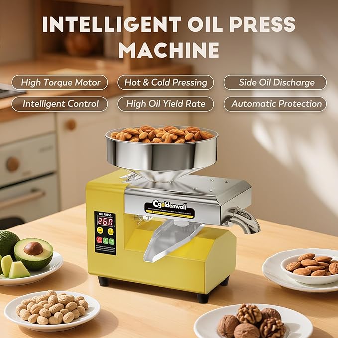 CGOLDENWALL Oil Press Machine, Automatic Oil Making, Electric Oil Extractor for Cold&Hot Pressing, Oil Maker with Intelligent Temperature Controller(32-572°F),Seeds Nuts Oil Expeller,CE(110V, US Plug)