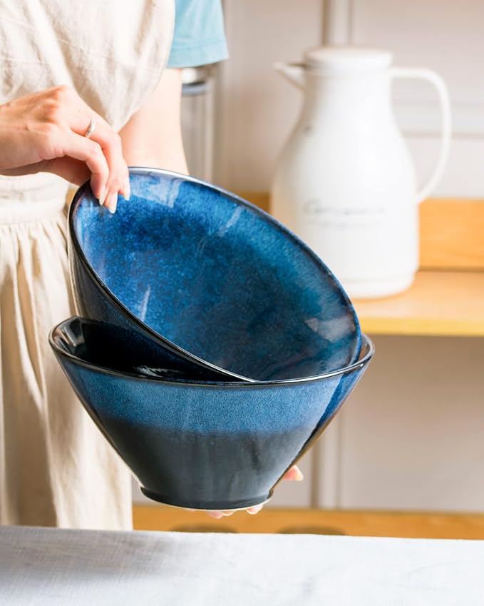Large Salad Soup Ramen Serving Bowls, 71 OZ Ceramic Japanese Ramen Noodle Bowls with Chopsticks, Spoons and Rests - Super Big Bowl Sets for Udon, Pho, Pasta, Cereal, Set of 2 - Reactive Blue