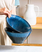 Large Salad Soup Ramen Serving Bowls, 71 OZ Ceramic Japanese Ramen Noodle Bowls with Chopsticks, Spoons and Rests - Super Big Bowl Sets for Udon, Pho, Pasta, Cereal, Set of 2 - Reactive Blue