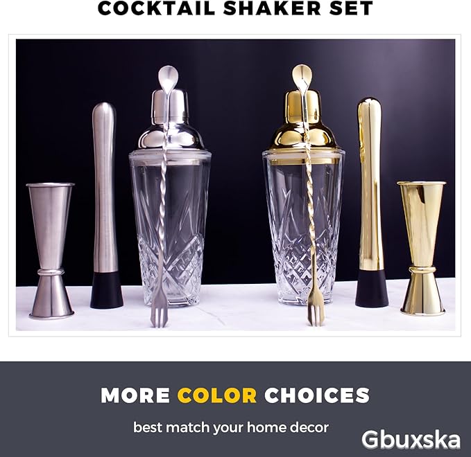 Cocktail Shaker Set - Glass Mixed Drink Shakers Cocktail Set, Martini Shaker with Strainer for Bars, Whiskey, Cocktails (Gold Set)