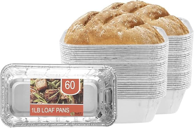 PARTY BARGAINS 1 Lb Aluminum Loaf Pan - 60 Pack, Heavy Duty Disposable Bread Pans for Perfect for Baking, Lasagna, Meatloaf & Food Serving (Max 240°C)
