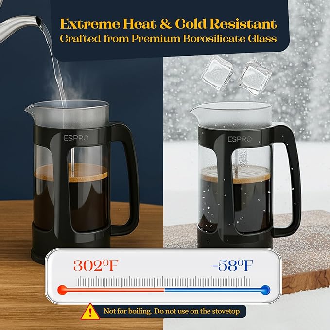 ESPRO P3 French Press Coffee Maker – Patented Double Micro-Filter for Grit-Free Brew, Heat Resistant thicker Borosilicate Glass Coffee press – (32 oz)