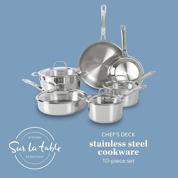 Sur La Table Kitchen Essentials Chef's Deck 10 Piece Stainless Steel Non Toxic Pots and Pans Kitchen Cookware Set w/Triply Encapsulated Base - Induction Safe