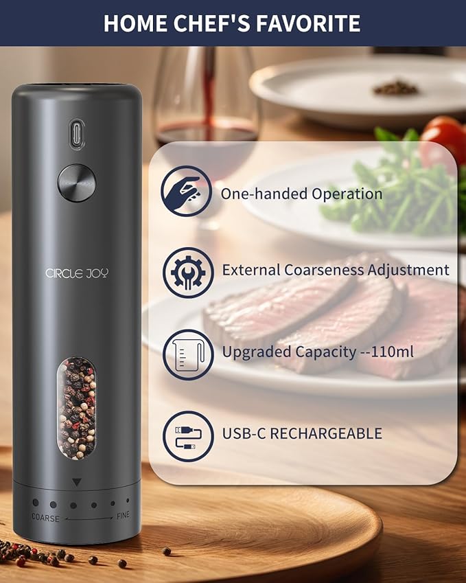 CIRCLE JOY Electric Pepper Grinder Rechargeable, Automatic Pepper Mill with 110ml Container, External Adjustable Coarseness, White Led Light and One-Handed Operation, Black