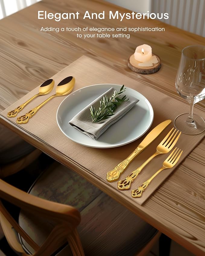 Gold Silverware Set, Ollex 48-Piece Retro Royal Flatware Set for 8 with Anti-rust Silverware Steel Black Steak Knives and Gold Spoons Forks Utensil Set, Mirror Polished&Dishwasher safe