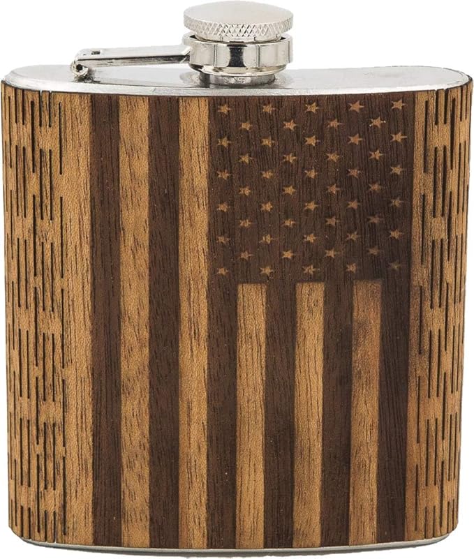 WUDN 6 oz. Wooden Hip Flask - Stainless Steel Body, Real American Flag