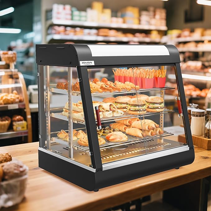 ROVSUN 26" Commercial Food Warmer Display Pizza Warmer, 3-Tier Electric Countertop Food Warmer w/LED Lighting, Adjustable Removable Shelves & Glass Door, Pretzel Warmer for Buffet Restaurant 1200W