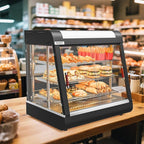 ROVSUN 26" Commercial Food Warmer Display Pizza Warmer, 3-Tier Electric Countertop Food Warmer w/LED Lighting, Adjustable Removable Shelves & Glass Door, Pretzel Warmer for Buffet Restaurant 1200W