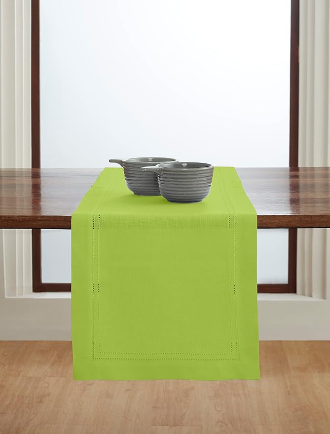 Solino Home Linen Table Runner 90 Inches Long - Double Hemstitch 100% Pure Linen Lime Green Dining Table Runner 14 x 90 Inch for Summer