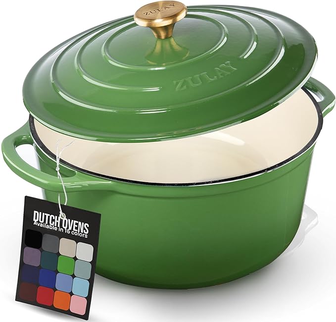 Zulay Kitchen 7.7 Quart Enameled Cast Iron Dutch Oven Pot with Lid – Premium Durability & Oven Safe up to 500°F – Heavy Duty Cookware Perfect for Bread Baking, Stews, Braising & Roasting – Green