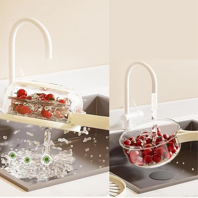 4Pcs Kitchen Colanders Bowl, Multipurpose Draining Basket with Lid & Handle, Fruit Cleaning Bowl with Strainer, Fruit Washing Storage Container, Portable Fruit Washing Bowl (2xBrown,2xWhite)